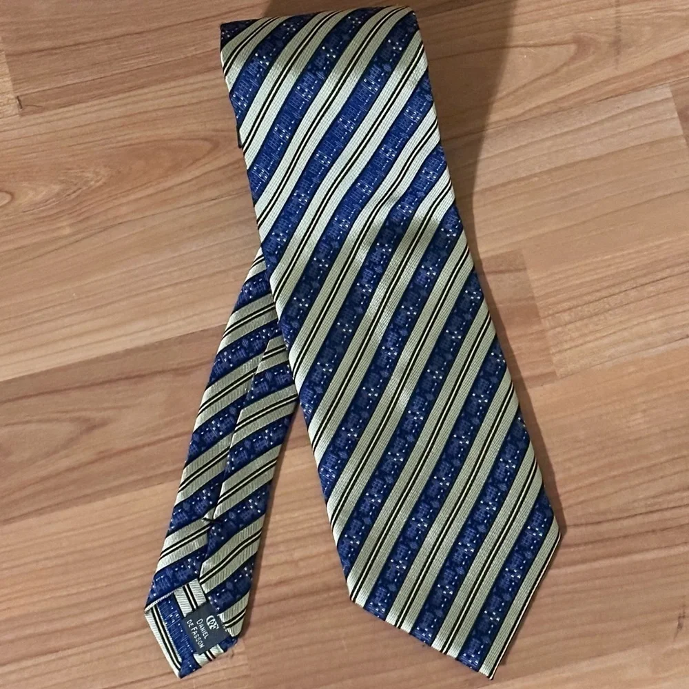 DANIEL DE FASSON 100% Silk Tie Diagonal Stripe Print Blue Sage Green